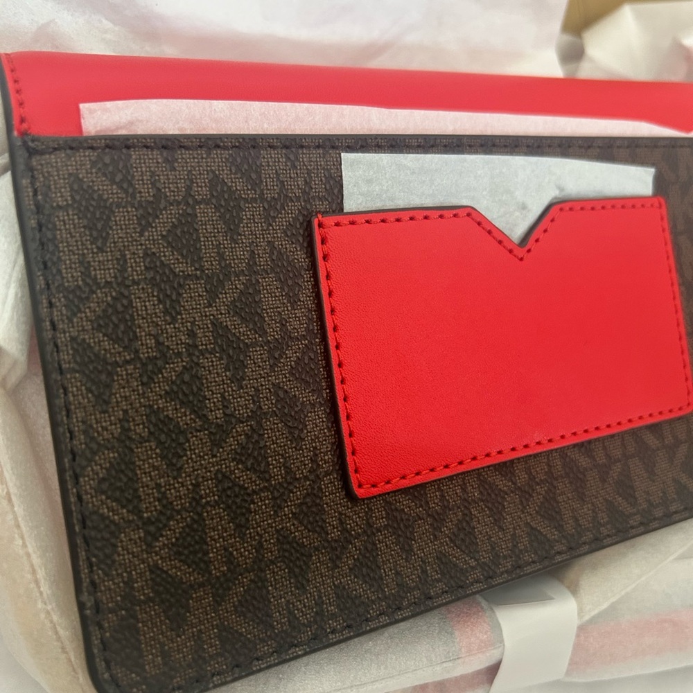 Michael Kors Jet Set Travel Small Flap Clutch Crossbody Bag (brown + red) - Picture 3 of 12